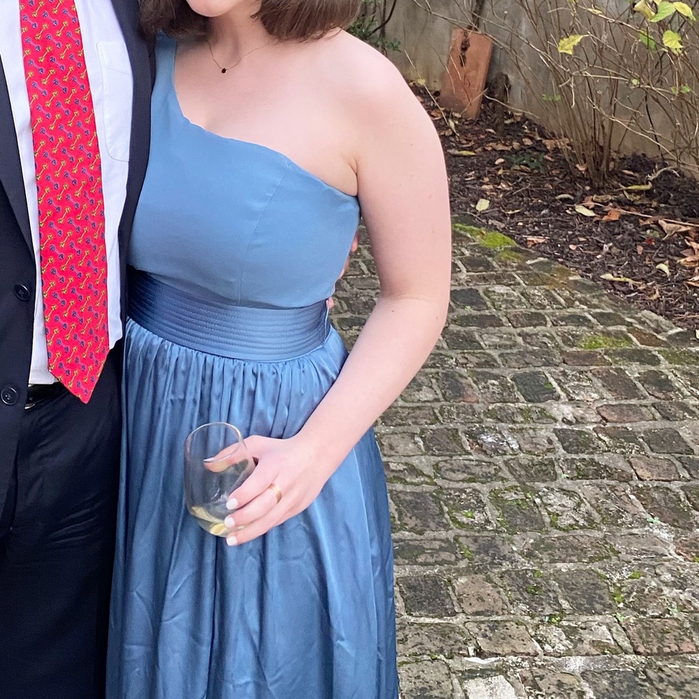 One shoulder Satin Dusty Blue Bridesmaid Dress